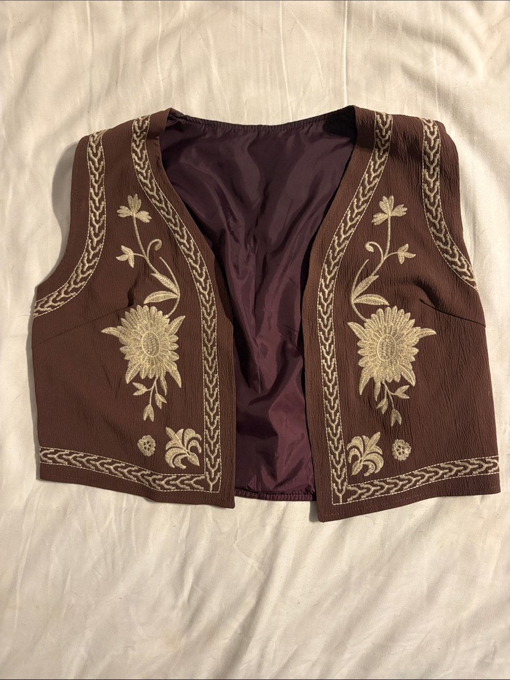 SHEIN Brown Sleeveless Embroidered Floral Vest with Cream Accents